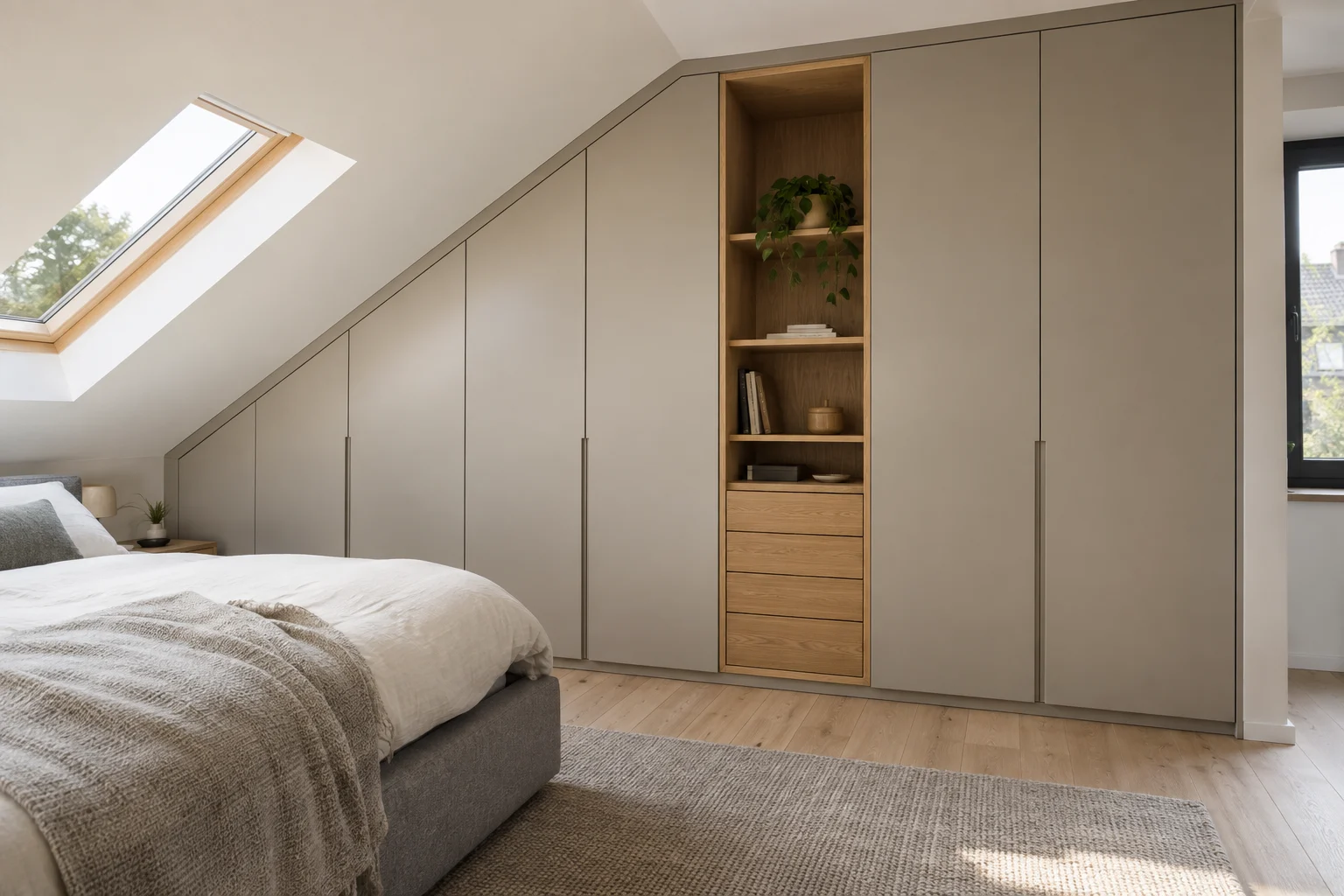 Schlafzimmer mit exakt unter einer Dachschräge eingepasstem Einbauschrank