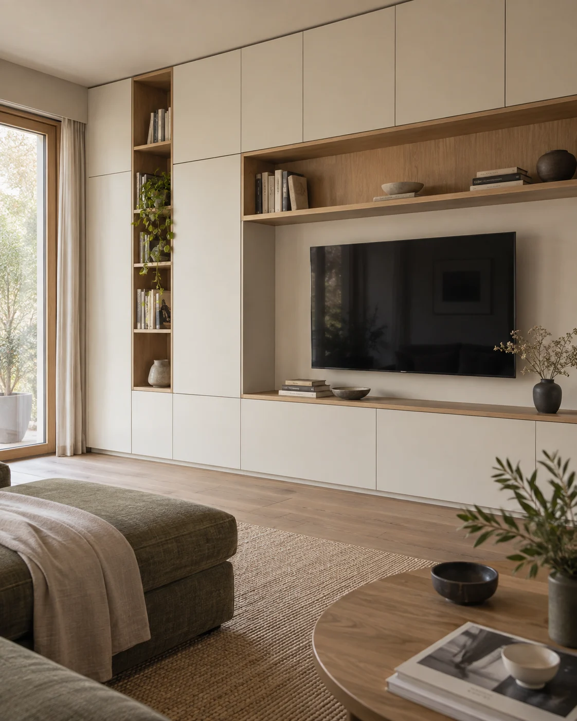 Wohnzimmer mit raumhoher, warmweißer Einbauwand und offenen Eichenholzfächern